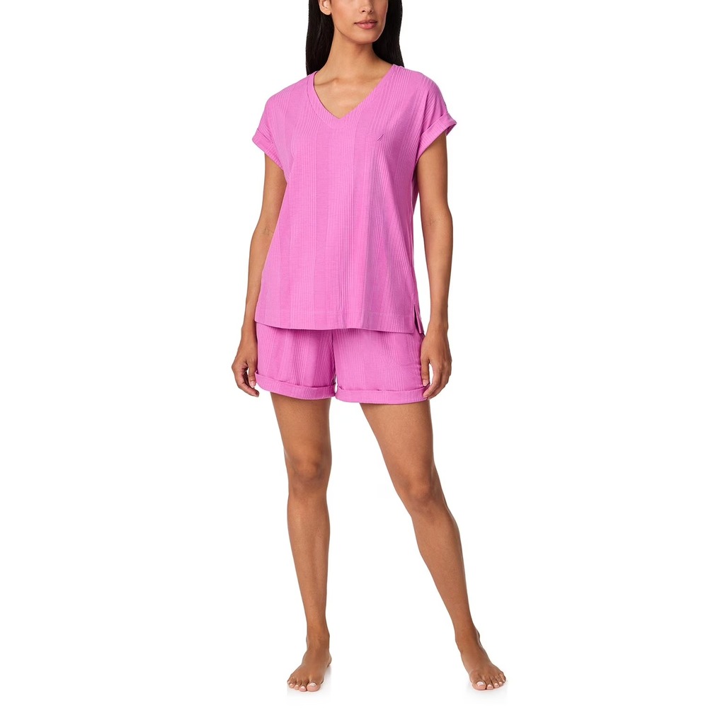 Nautica Womens Fuchsia Ribbed 2-Piece Pajama Set Short Sleeve V-Neck Size S